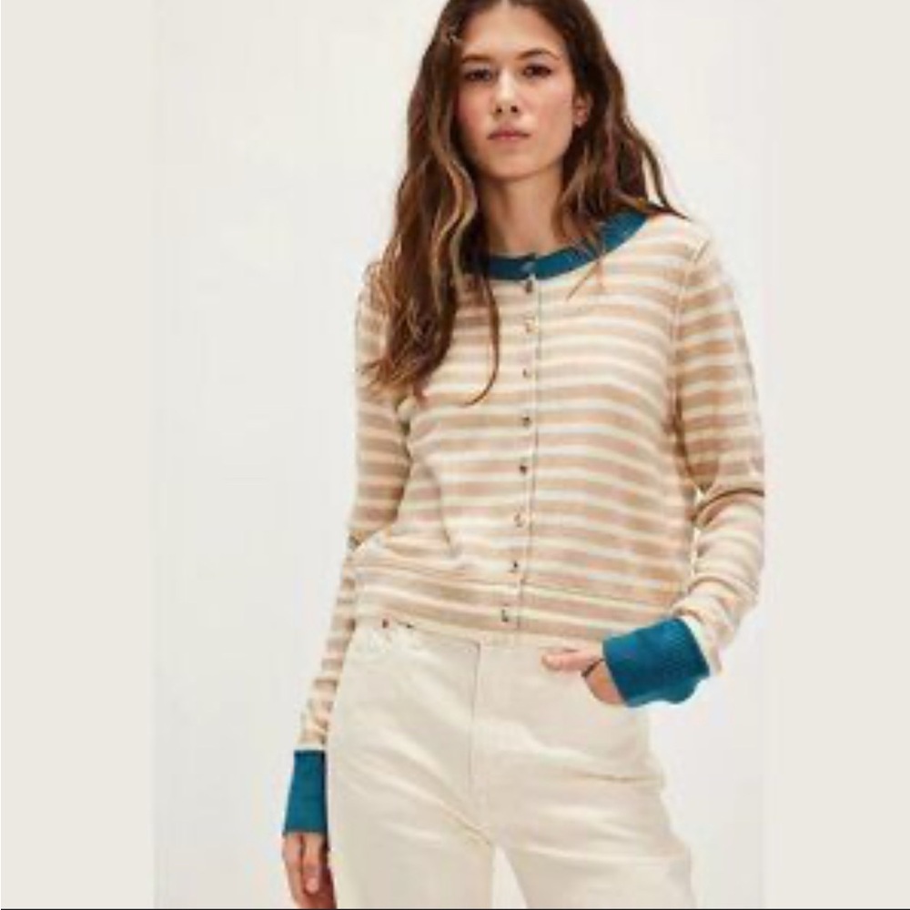 Free People Beige and Teal Striped Cardigan